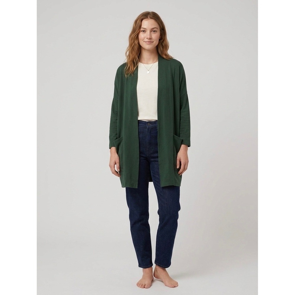 Pact Organic Cotton Open Front Cardigan Forest Green Oversized Sweater Size XS S